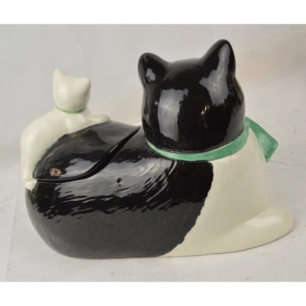 Vintage Tuxedo Cat Cookie Jar Mama Kitty w/ Baby Kitten Lid